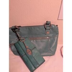 Fossil Excellent Condition Teal Leather Shoulder Bag with Matching Wallet